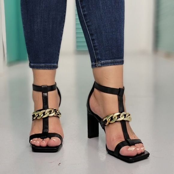 Women's Black Gold Chain Chunky Heels - Picture 4 of 5